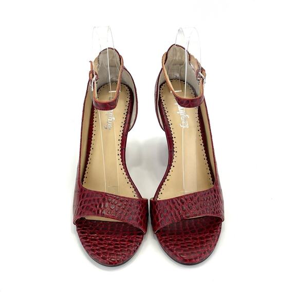 Anthropologie/Farylrobin D'Orsay Wedge Sandal Sz 7 Red Leather Embossed Open-Toe - Picture 14 of 16